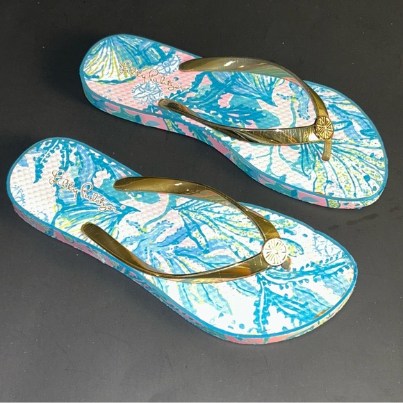 Lilly Pulitzer Shoes - Lilly Pulitzer Multicolor Floral Gold Strap Flip Flops Sandals Womens Size 8